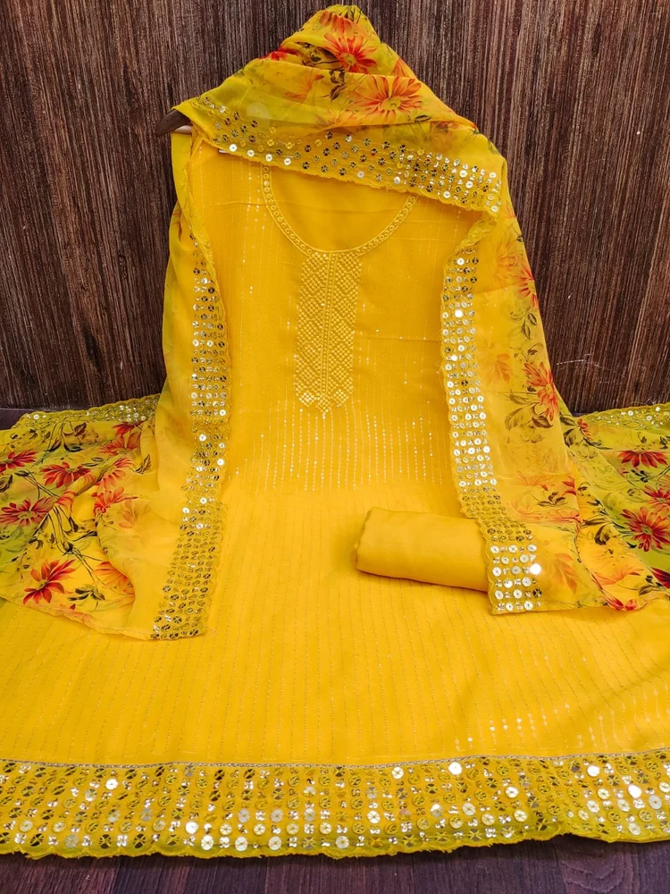 Women’s Mustard Yellow Embroidered Kurta Set with Floral Printed Dupatta & Matching Bottom
